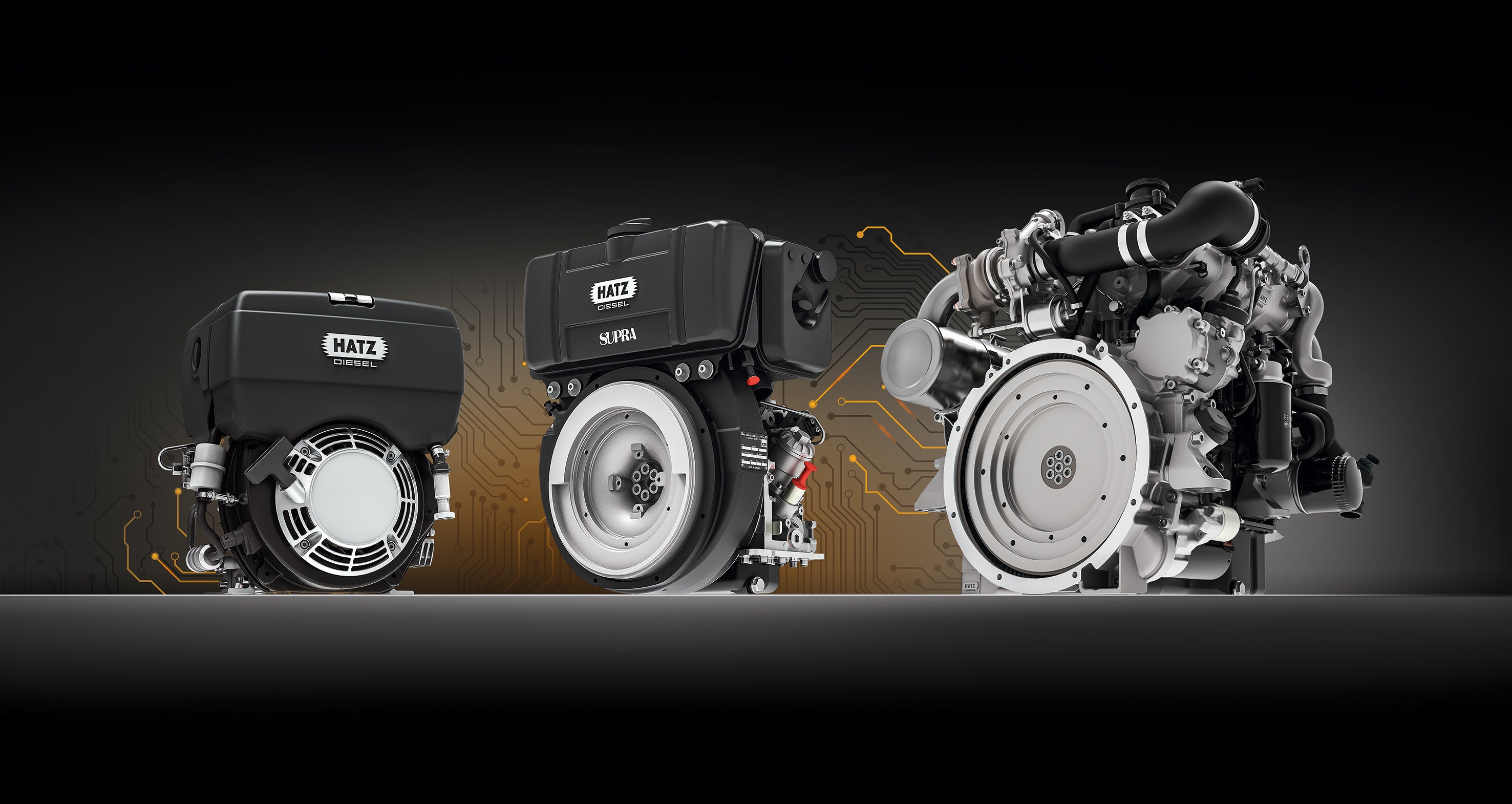 Three Hatz engines in an arrangement with a cyber background